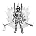 A muscular firefighter wielding a flaming sword with mythological creatures in the background tattoo design idea