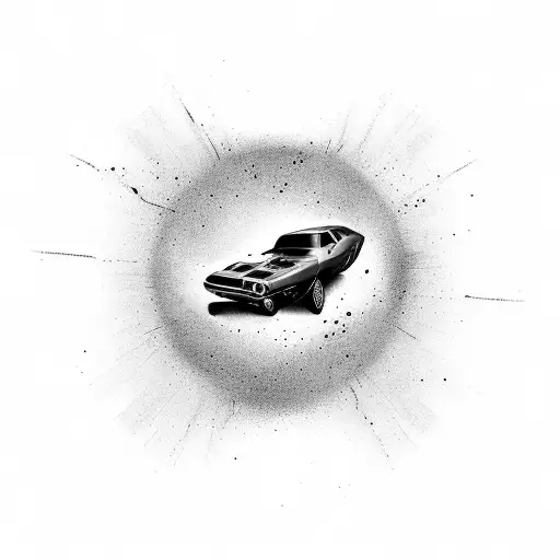 A Dodge Challenger speeding through a vinyl record tattoo design idea