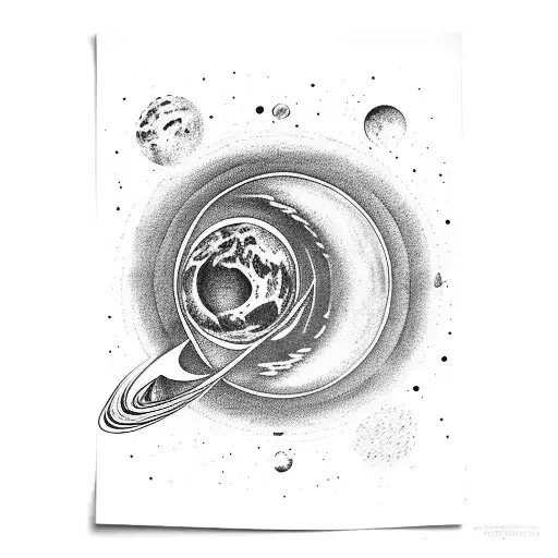 space with planets upper arm tattoo design idea