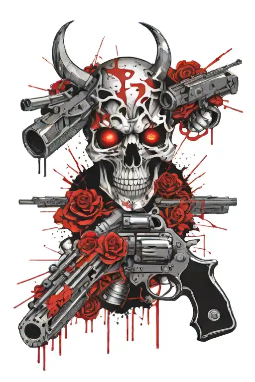 eyes skull and demon gun tattoo design idea