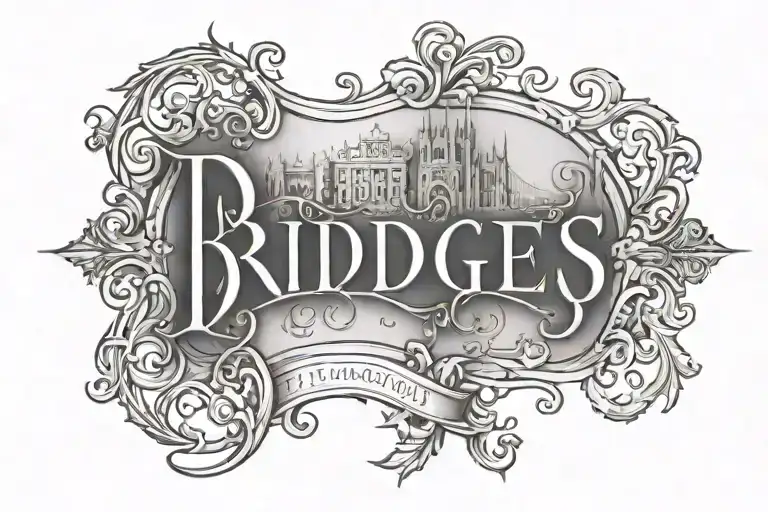  "BRIDGES" in old English letters across upper back tattoo design idea