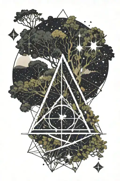 galaxy in a straight line. Virgo constellation. deathly hallows from Harry Potter and a willow tree.  tattoo design idea