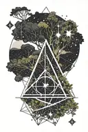 galaxy in a straight line. Virgo constellation. deathly hallows from Harry Potter and a willow tree.  tattoo design idea