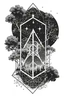 galaxy in a straight line. Virgo constellation. deathly hallows from Harry Potter and a willow tree.  tattoo design idea