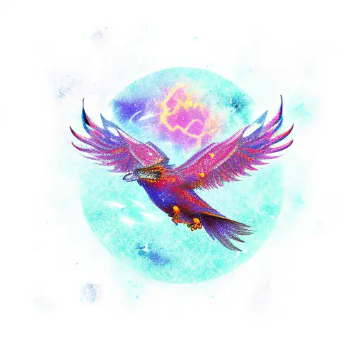 broken wings on fire bird in night sky, contrast tattoo design idea