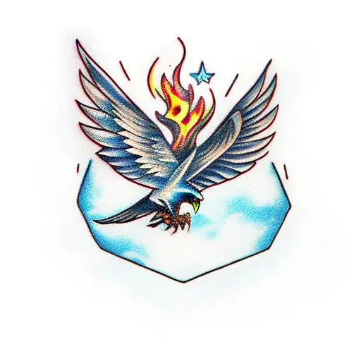 broken wings on fire bird in night sky, contrast tattoo design idea