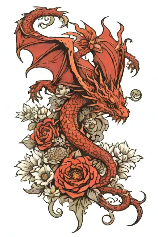 Red dragon on a pile of poppies and daisies tattoo design idea