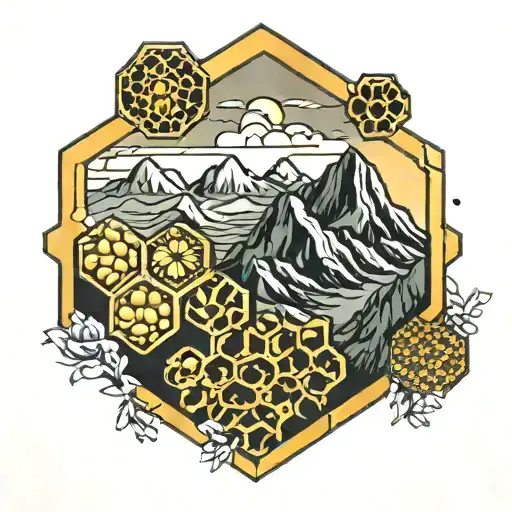 honeycomb pattern with mountain in one of the combs tattoo design idea