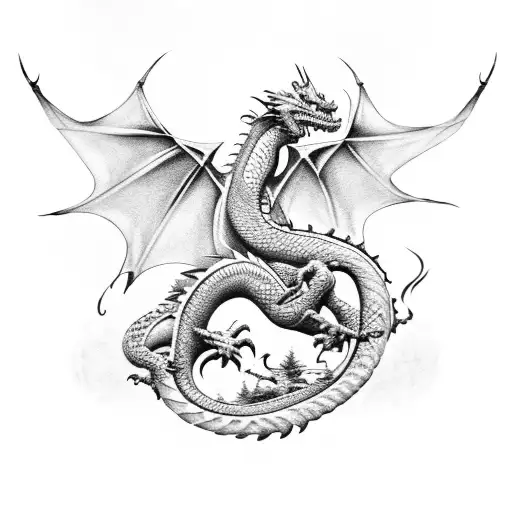 Dragon in a misty forest guarding a horde of dark and mysterious treasure tattoo design idea