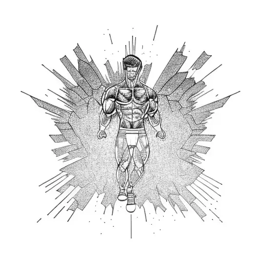 a muscular silhouette exploding from bricks with hand towards heaven exploding with wings tattoo design idea