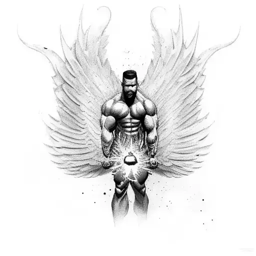 a muscular man bursting upright from bricks with hand towards heaven exploding with wings tattoo design idea