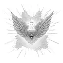 a muscular silhouette exploding from bricks with hand towards heaven exploding with wings tattoo design idea