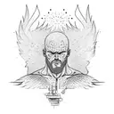 a muscular silhouette exploding from bricks with hand towards heaven exploding with wings tattoo design idea