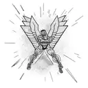 a muscular silhouette exploding from bricks with hand towards heaven exploding with wings tattoo design idea
