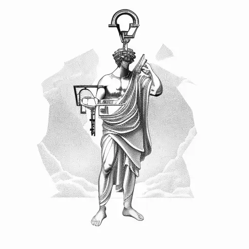 Greek statue with key in hand which opens lock earth above tattoo design idea