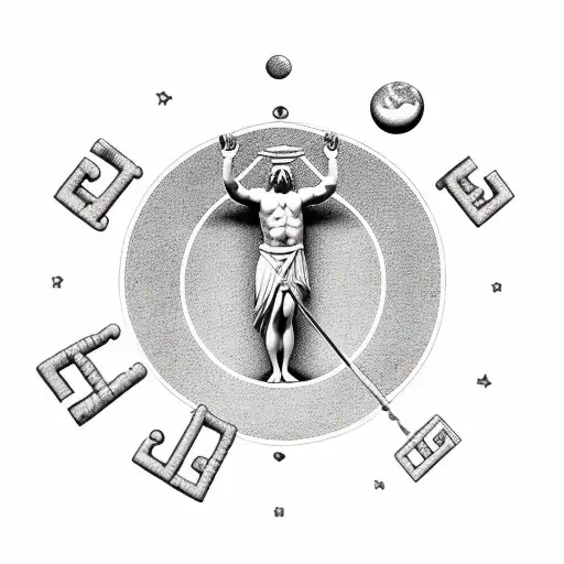 Greek statue with key in hand opening the earth above. In the background are clouds tattoo design idea