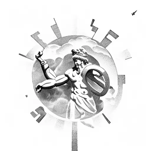 Greek statue with key in hand opening the earth above. In the background are clouds and lightning. tattoo design idea