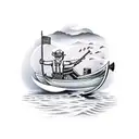 A traditional tattoo of a construction worker building a fishing boat with a bass and northern pike swimming underneath tattoo design idea