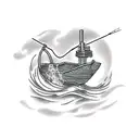 A traditional tattoo of a construction worker building a fishing boat with a bass and northern pike swimming underneath tattoo design idea