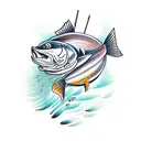 A traditional tattoo of a construction worker building a fishing boat with a bass and northern pike swimming underneath tattoo design idea