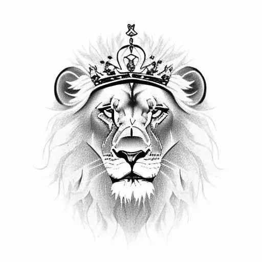 A black-grey tattoo of a lion wearing a crown, representing your strong leadership qualities and love for your family tattoo design idea