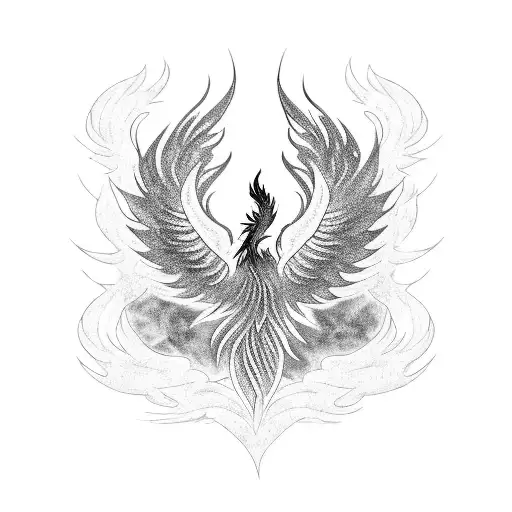 A blackwork tattoo of a phoenix rising from the ashes, symbolizing resilience and determination tattoo design idea