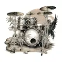 A realistic drum set surrounded by angelic figures playing music on a beach at sunset tattoo design idea