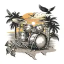 A realistic drum set surrounded by angelic figures playing music on a beach at sunset tattoo design idea