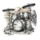 A realistic drum set surrounded by angelic figures playing music on a beach at sunset tattoo design idea