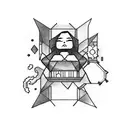 A sleeping figure surrounded by a dark, gothic-style library with computer screens displaying code in the background tattoo design idea