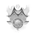 A gothic-style bookshelf filled with books and adorned with moon and forest motifs tattoo design idea