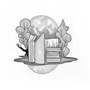 A gothic-style bookshelf filled with books and adorned with moon and forest motifs tattoo design idea