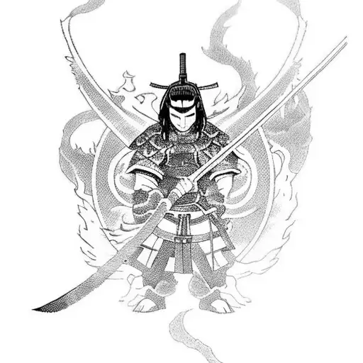 A dynamic anime-inspired scene of a samurai warrior battling a dragon, with elements of Lebanese and Japanese culture integrated into the design tattoo design idea