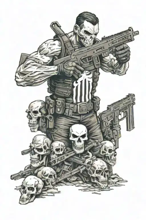 punisher standing on skulls with guns in hands tattoo design idea