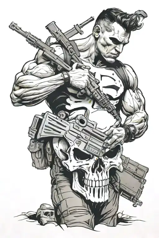 punisher standing on deapool skull with guns in hands tattoo design idea