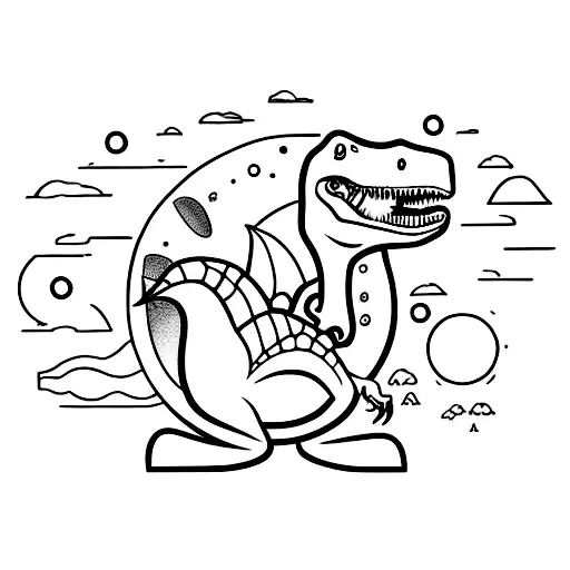 Imagine a charming tattoo of a dinosaur resembling a children's cartoon character. Add the letter f next to the dinosaur in a minimalist style. tattoo design idea