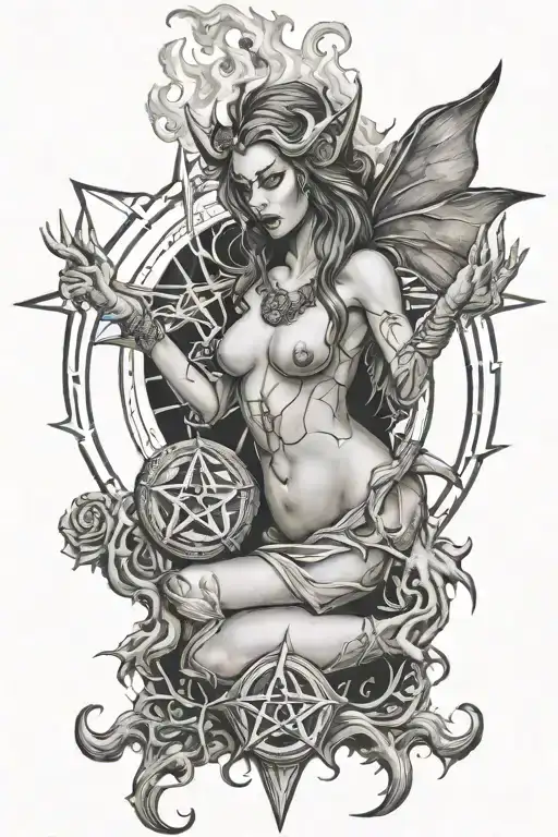 evil pentagram lilith hell fire tattoo design idea