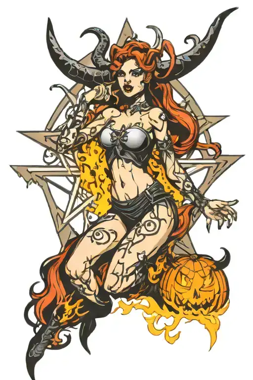 evil pentagram lilith hell fire tattoo design idea
