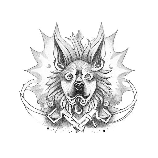 A mythical dog creature with elements of witchcraft tattoo design idea