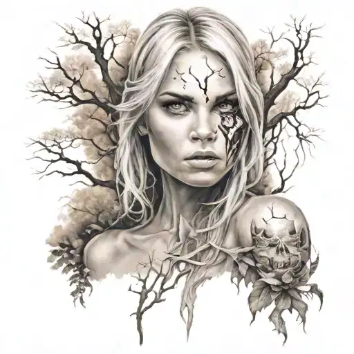 Cara de mujer rubia fantasía en un bosque con fuego tattoo design idea