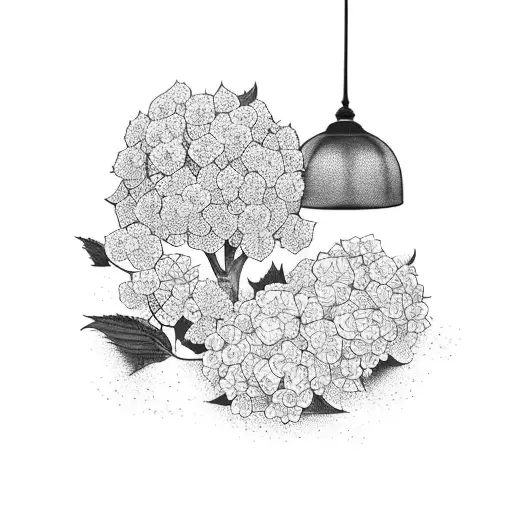 A serene sunset scene with hydrangeas blooming in the foreground tattoo design idea