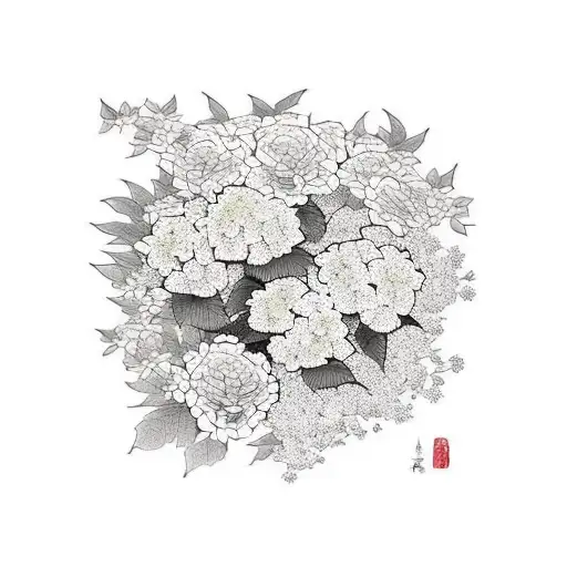 A serene sunset scene with hydrangeas blooming in the foreground tattoo design idea