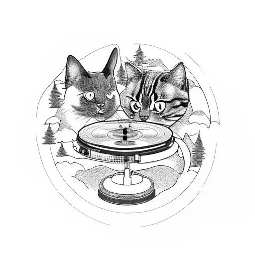 A dog and a cat sitting on a record player in a PNW forest tattoo design idea
