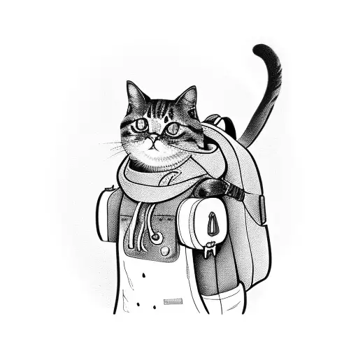 A smoking cat wearing hiking boots and carrying a backpack tattoo design idea