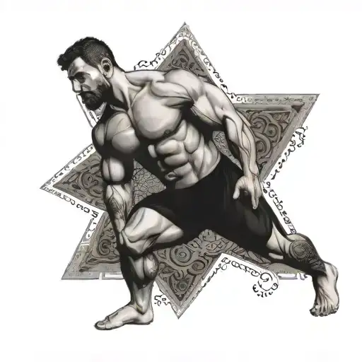 A mandala design featuring Islamic patterns and a bodybuilder in a strong pose, representing inner strength and discipline tattoo design idea