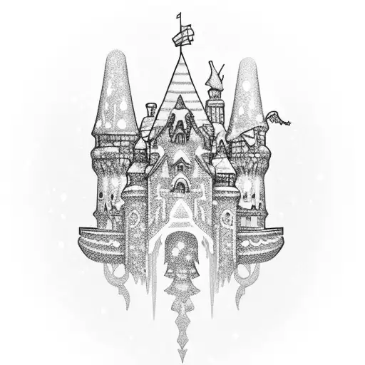An intricate ice castle surrounded by falling snowflakes tattoo design idea