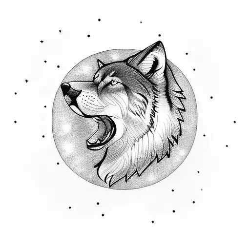 A tattoo of a majestic wolf howling at the moon in a starry night sky tattoo design idea
