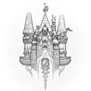 An intricate ice castle surrounded by falling snowflakes tattoo design idea