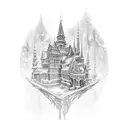 An intricate ice castle surrounded by falling snowflakes tattoo design idea