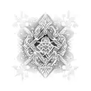 An intricate ice castle surrounded by falling snowflakes tattoo design idea
